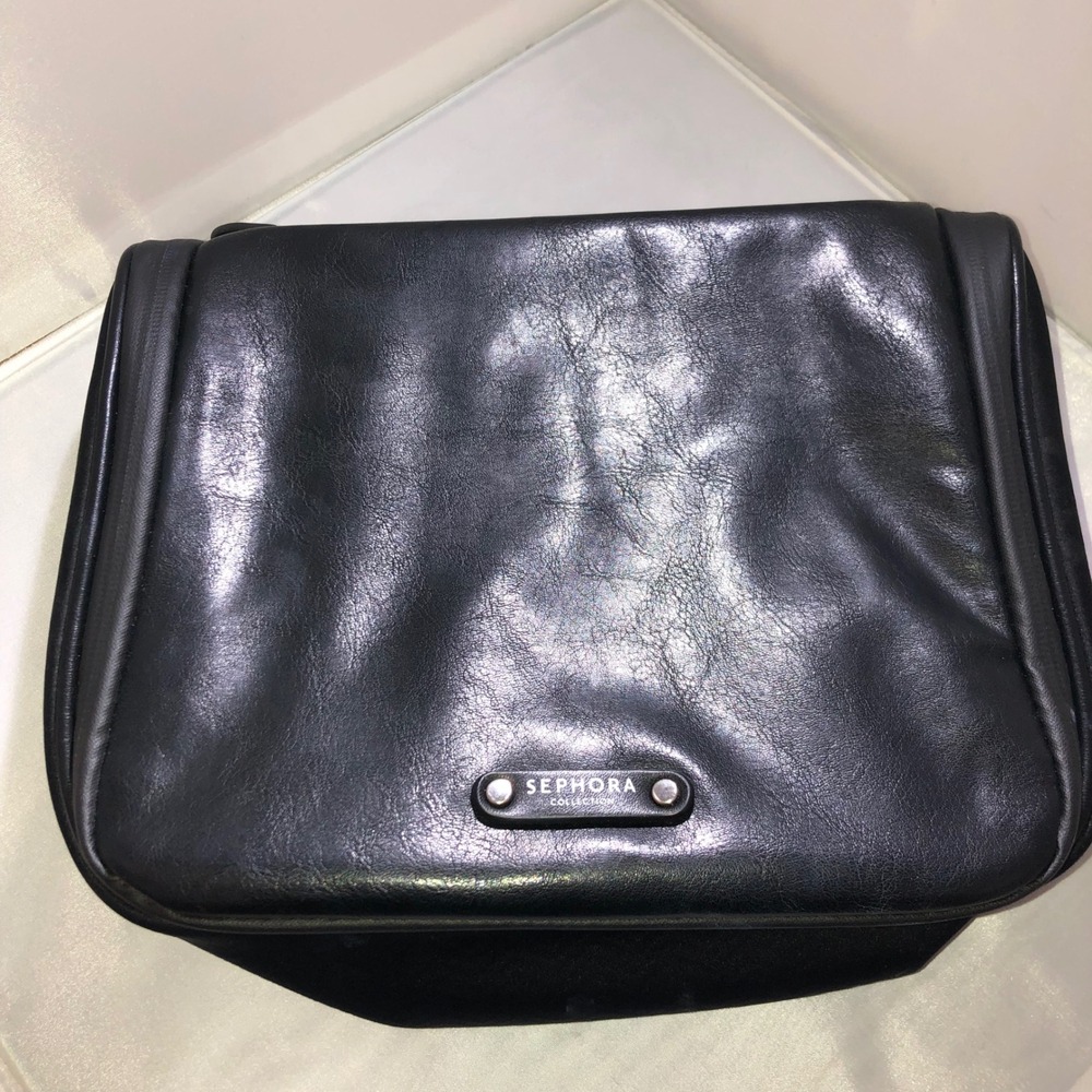 Sephora Collection Hanging Toiletry Bag Black Faux Leather Travel Organizer